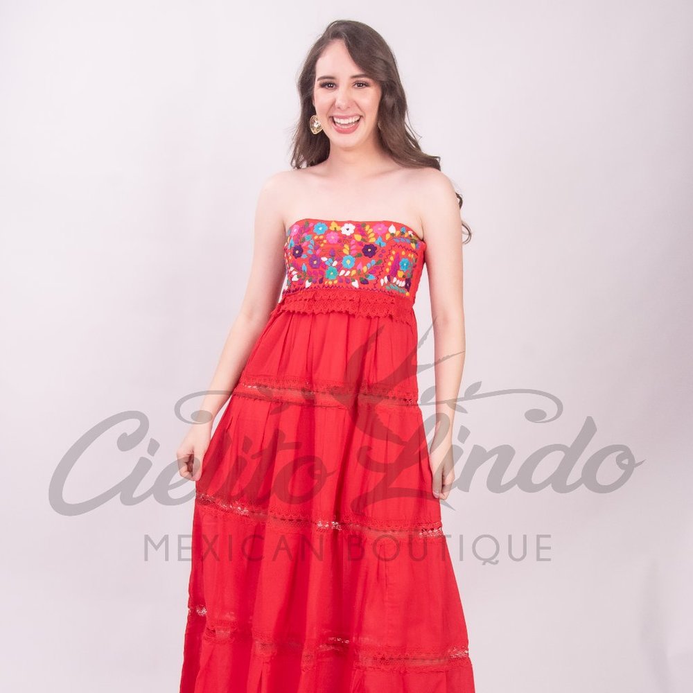 Vallarta Mexican Strapless Floral Red Maxi Dress